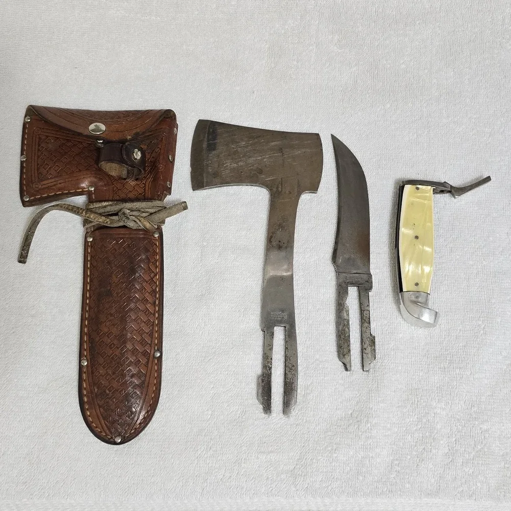 VTG Western Boulder Colo Knife Axe‎ Combo Set with Leather Sheath USA 1930s